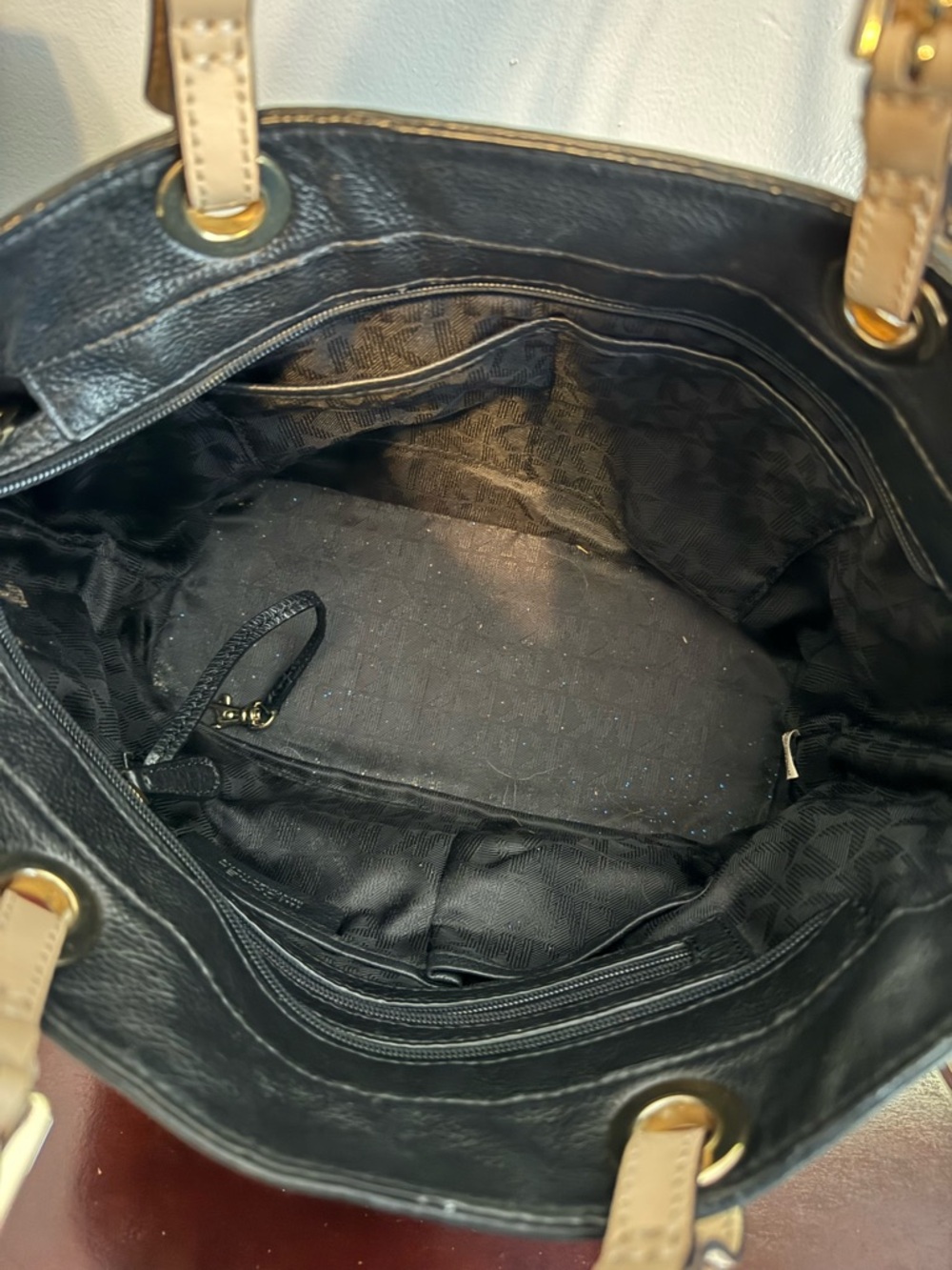 Michael Kors Black Leather Tote with Tan Handles and Gold Hardware - Picture 3 of 5